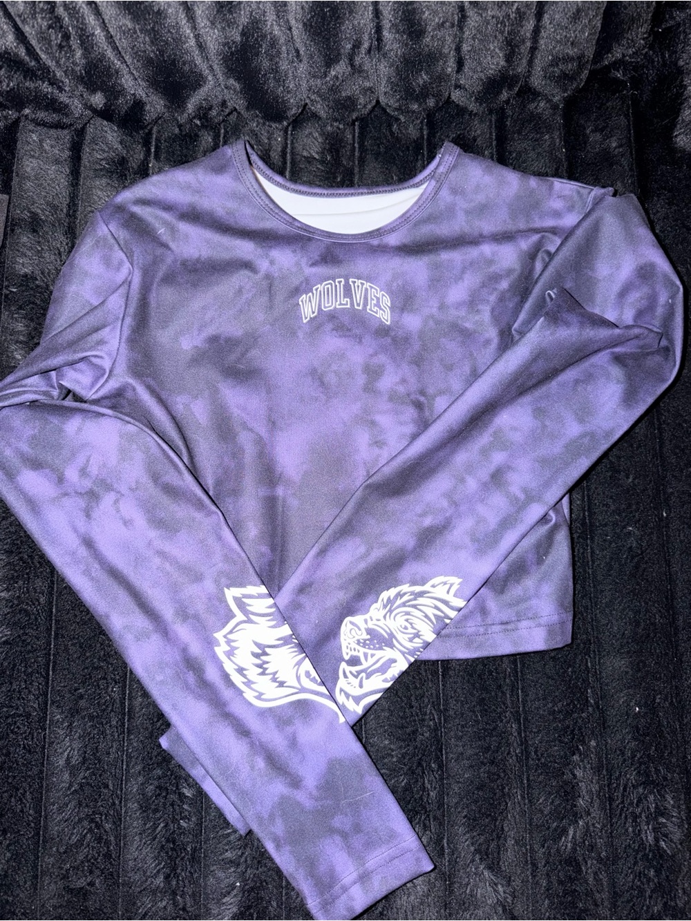 Darc Sport Purple Tie-Dye Wolves Crop Top with Wolf Sleeve Graphic